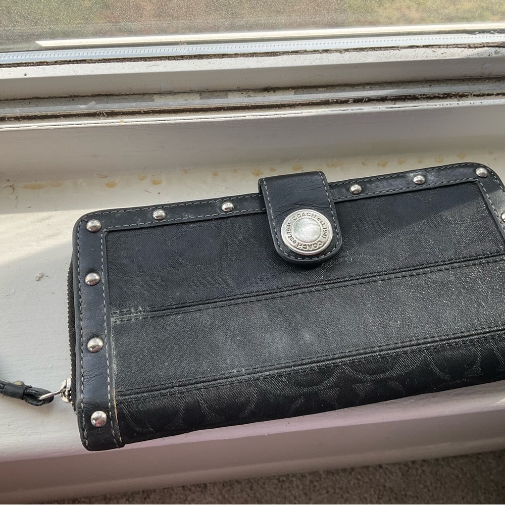 Coach Black Signature Studded Zip Wallet